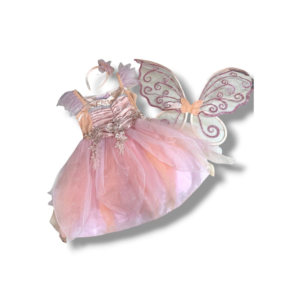 Fairy Dust Girls Pink Glitter Pixie Costume Dress Wings Headband Set Sz 7-8
